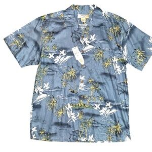 Hawaiian Aloha Shirt Blue Floral Palm Print Short Sleeve Cotton XL